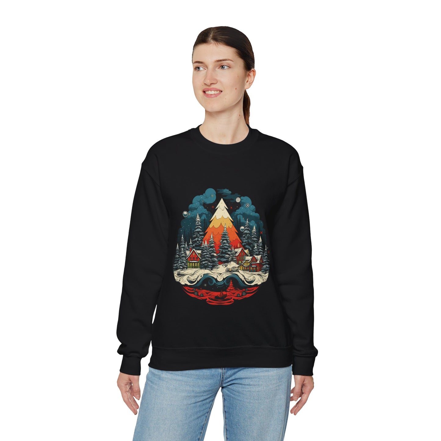 Vintage Christmas Bliss: Colorful Tree & Village Unisex Heavy Blend™ Crewneck Sweatshirt