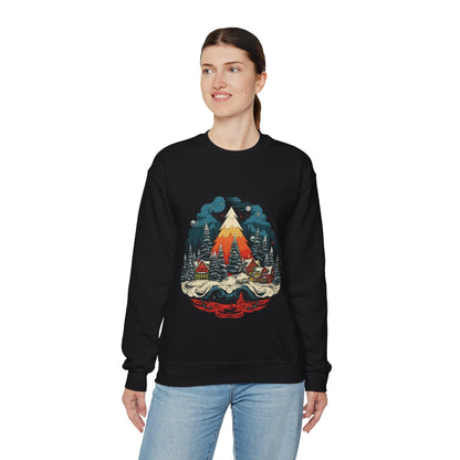 Vintage Christmas Bliss: Colorful Tree & Village Unisex Heavy Blend™ Crewneck Sweatshirt