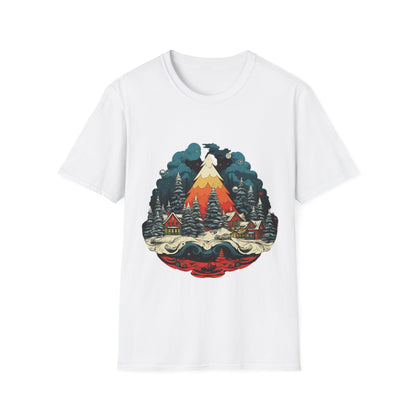 Retro Christmas Bliss: Snowy Village and Tree Unisex Softstyle Tee