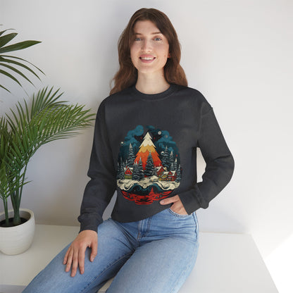 Vintage Christmas Bliss: Colorful Tree & Village Unisex Heavy Blend™ Crewneck Sweatshirt