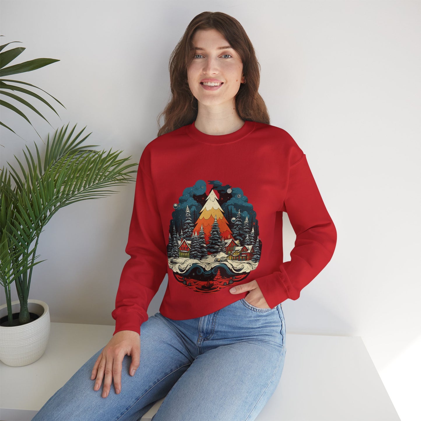 Vintage Christmas Bliss: Colorful Tree & Village Unisex Heavy Blend™ Crewneck Sweatshirt