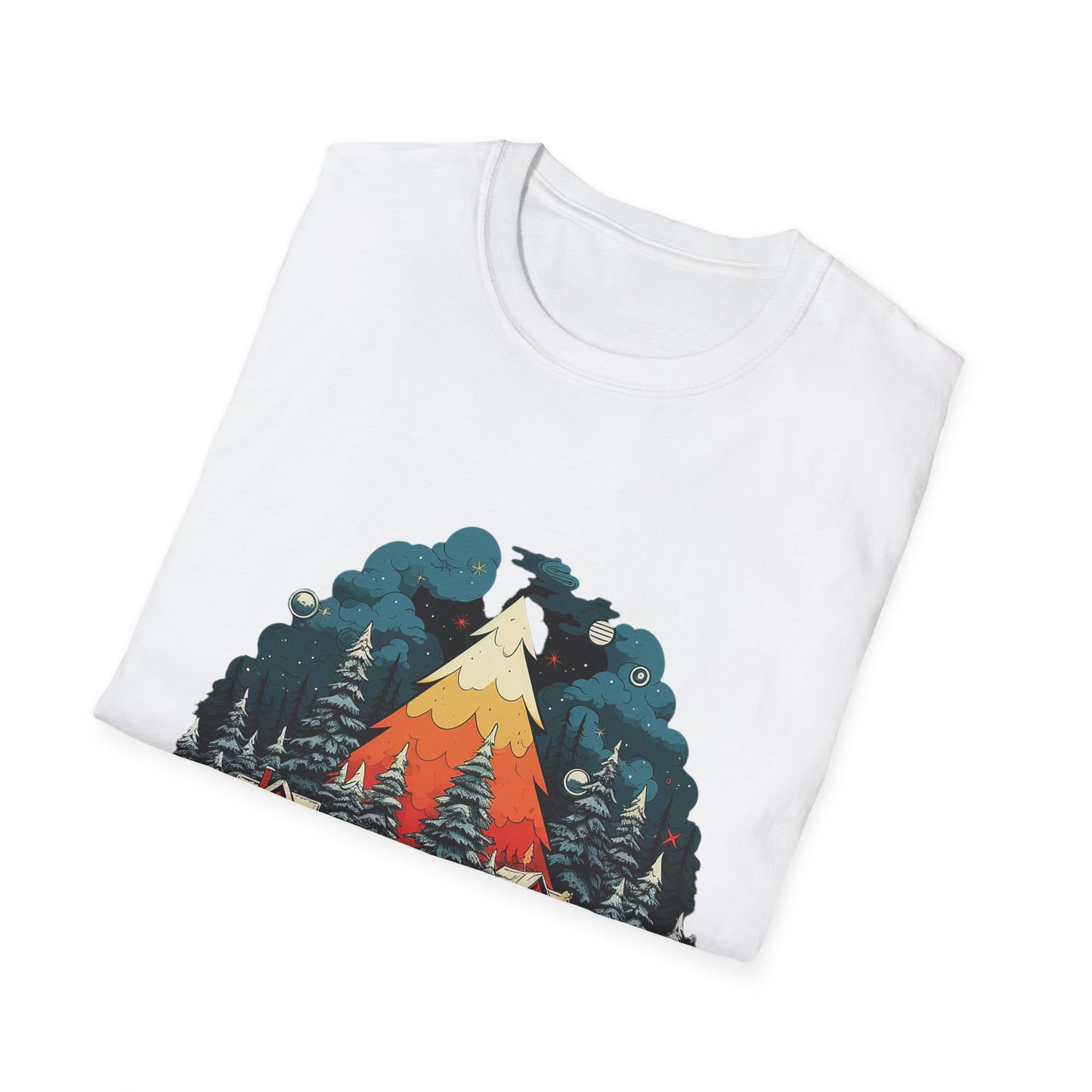 Retro Christmas Bliss: Snowy Village and Tree Unisex Softstyle Tee