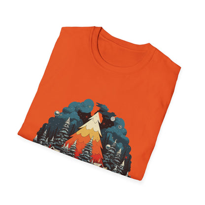 Retro Christmas Bliss: Snowy Village and Tree Unisex Softstyle Tee