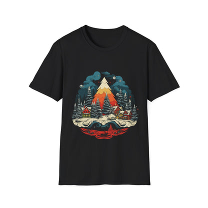 Retro Christmas Bliss: Snowy Village and Tree Unisex Softstyle Tee