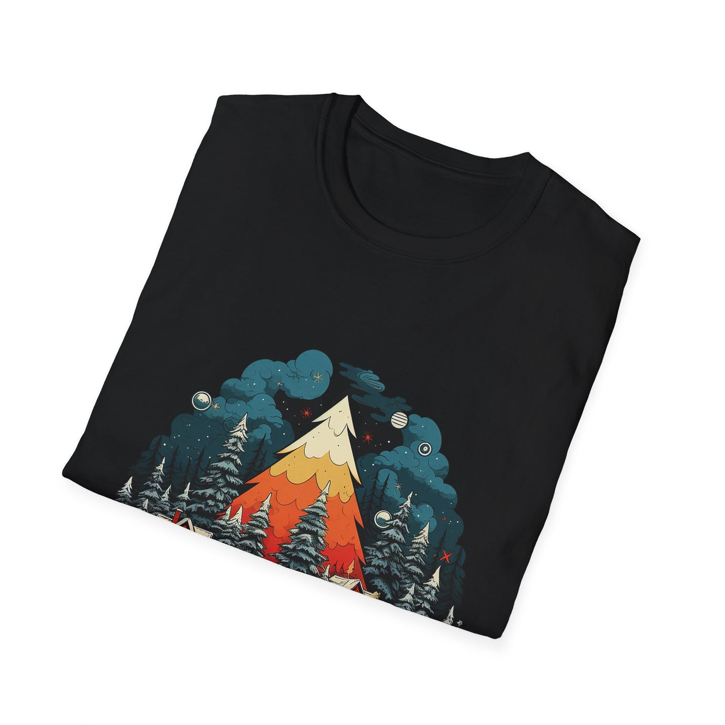 Retro Christmas Bliss: Snowy Village and Tree Unisex Softstyle Tee