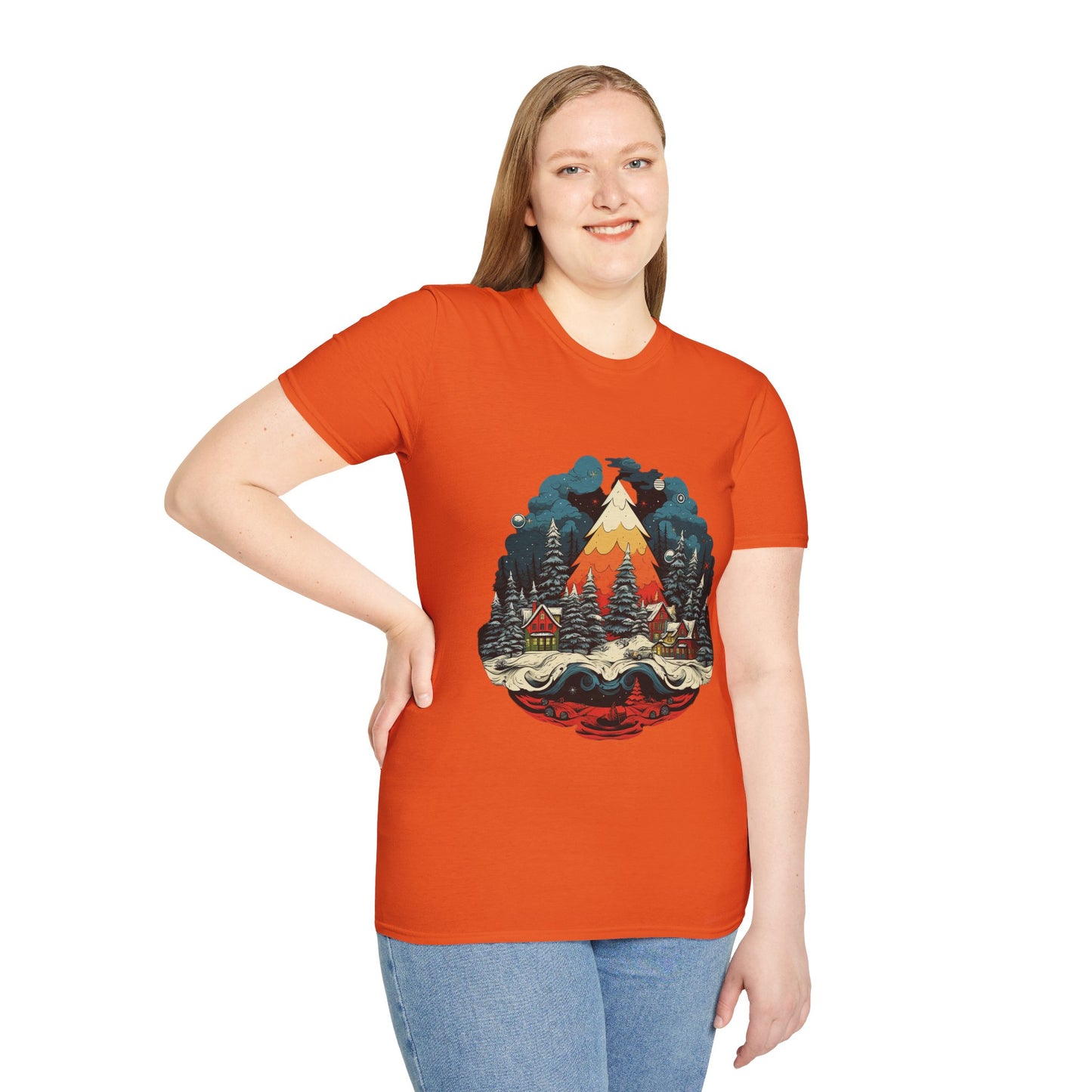 Retro Christmas Bliss: Snowy Village and Tree Unisex Softstyle Tee