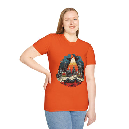 Retro Christmas Bliss: Snowy Village and Tree Unisex Softstyle Tee