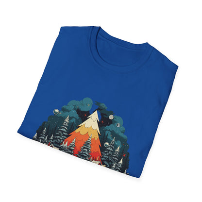 Retro Christmas Bliss: Snowy Village and Tree Unisex Softstyle Tee