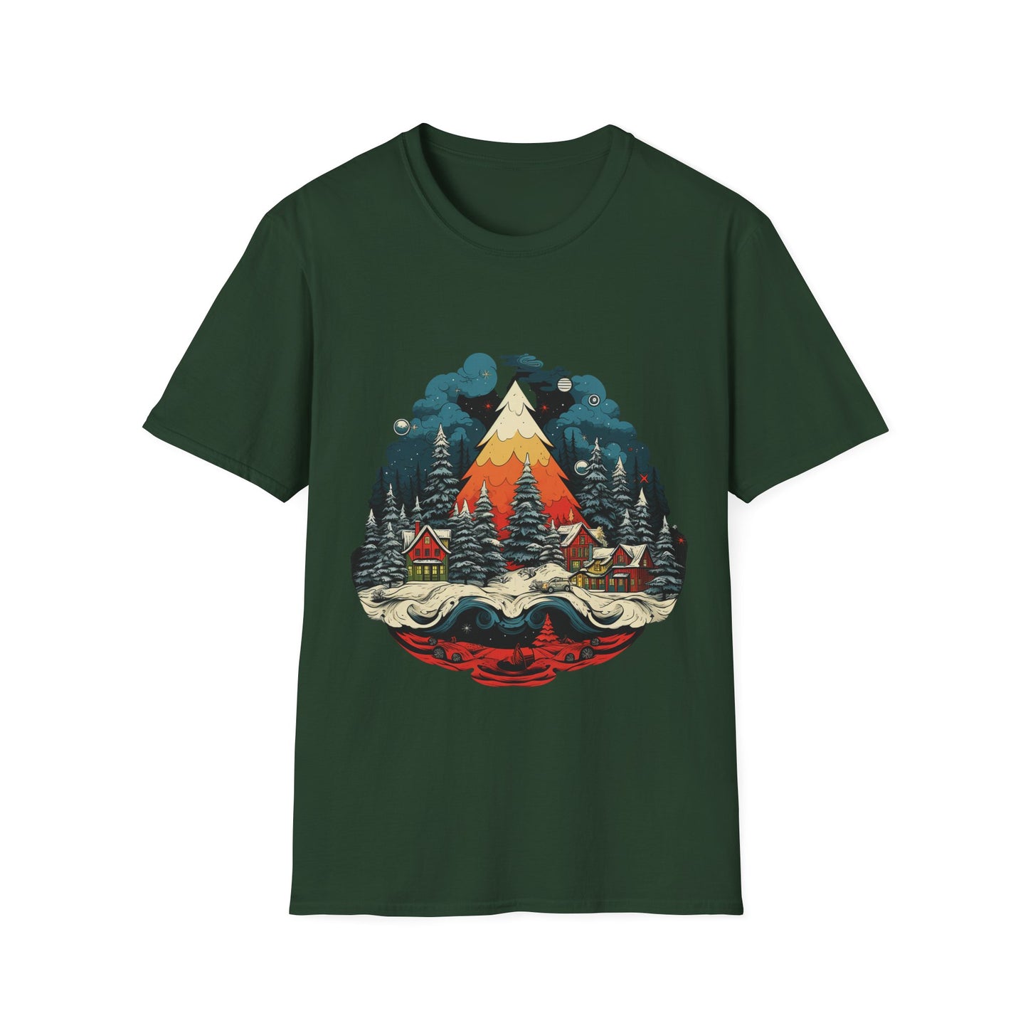 Retro Christmas Bliss: Snowy Village and Tree Unisex Softstyle Tee