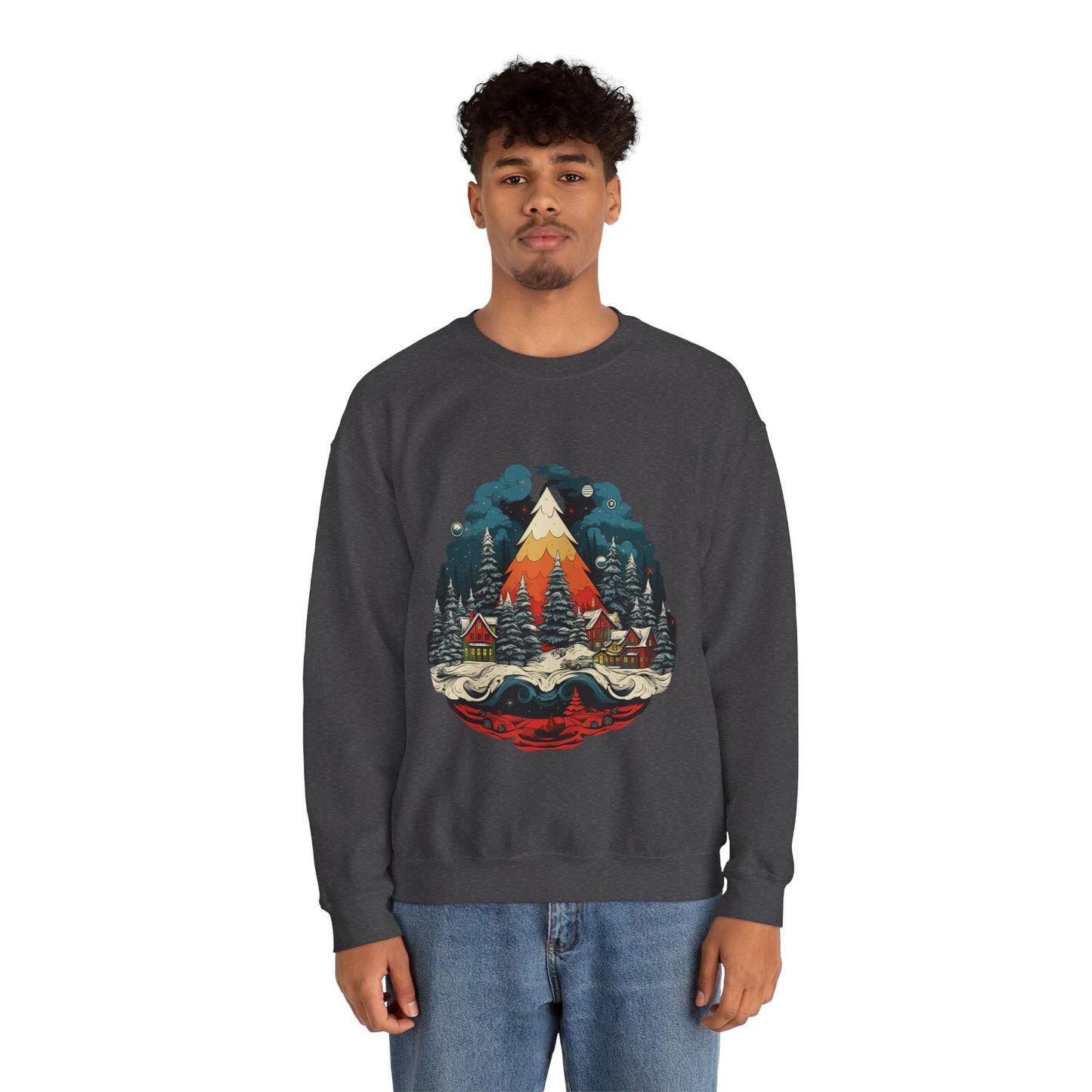 Vintage Christmas Bliss: Colorful Tree & Village Unisex Heavy Blend™ Crewneck Sweatshirt