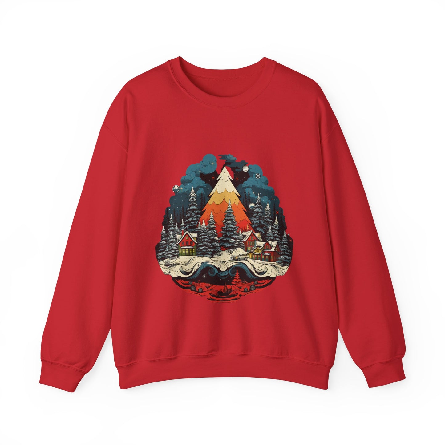 Vintage Christmas Bliss: Colorful Tree & Village Unisex Heavy Blend™ Crewneck Sweatshirt