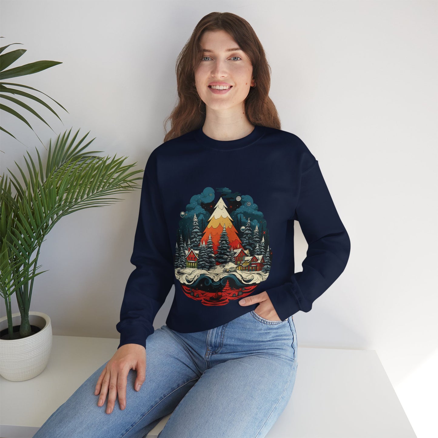 Vintage Christmas Bliss: Colorful Tree & Village Unisex Heavy Blend™ Crewneck Sweatshirt