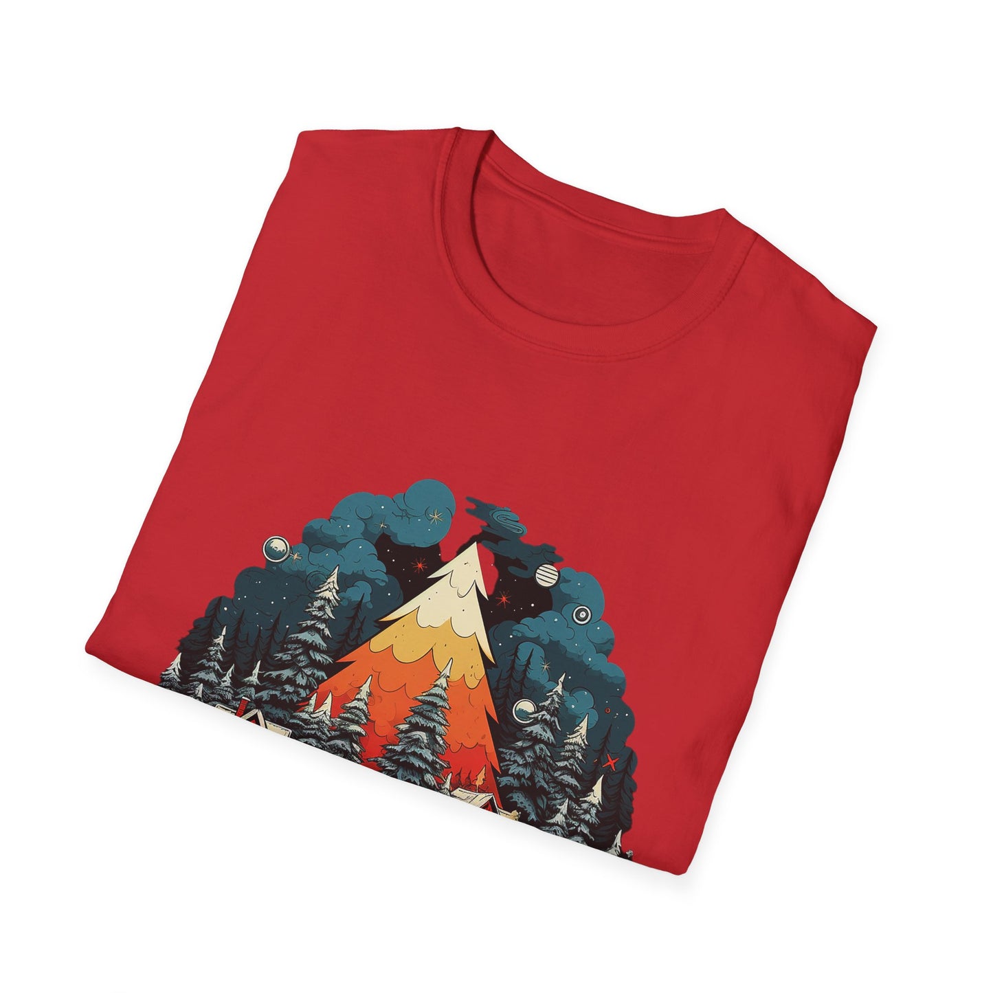 Retro Christmas Bliss: Snowy Village and Tree Unisex Softstyle Tee