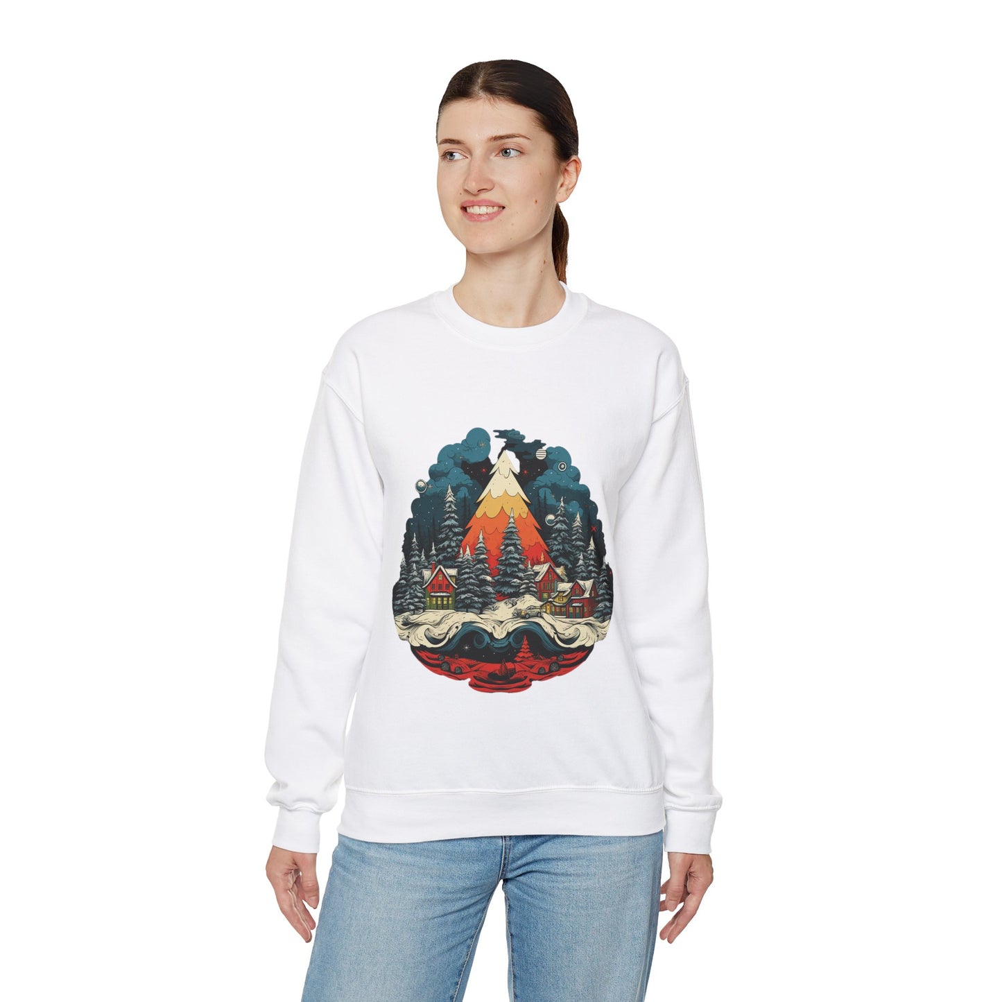 Vintage Christmas Bliss: Colorful Tree & Village Unisex Heavy Blend™ Crewneck Sweatshirt