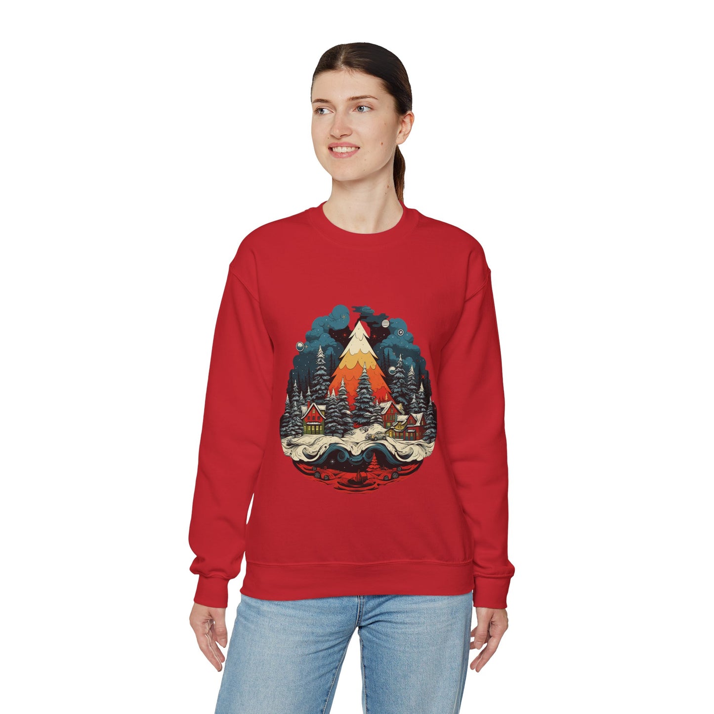 Vintage Christmas Bliss: Colorful Tree & Village Unisex Heavy Blend™ Crewneck Sweatshirt