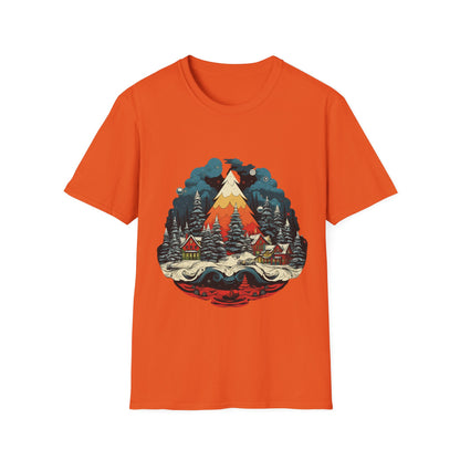 Retro Christmas Bliss: Snowy Village and Tree Unisex Softstyle Tee