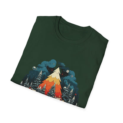 Retro Christmas Bliss: Snowy Village and Tree Unisex Softstyle Tee