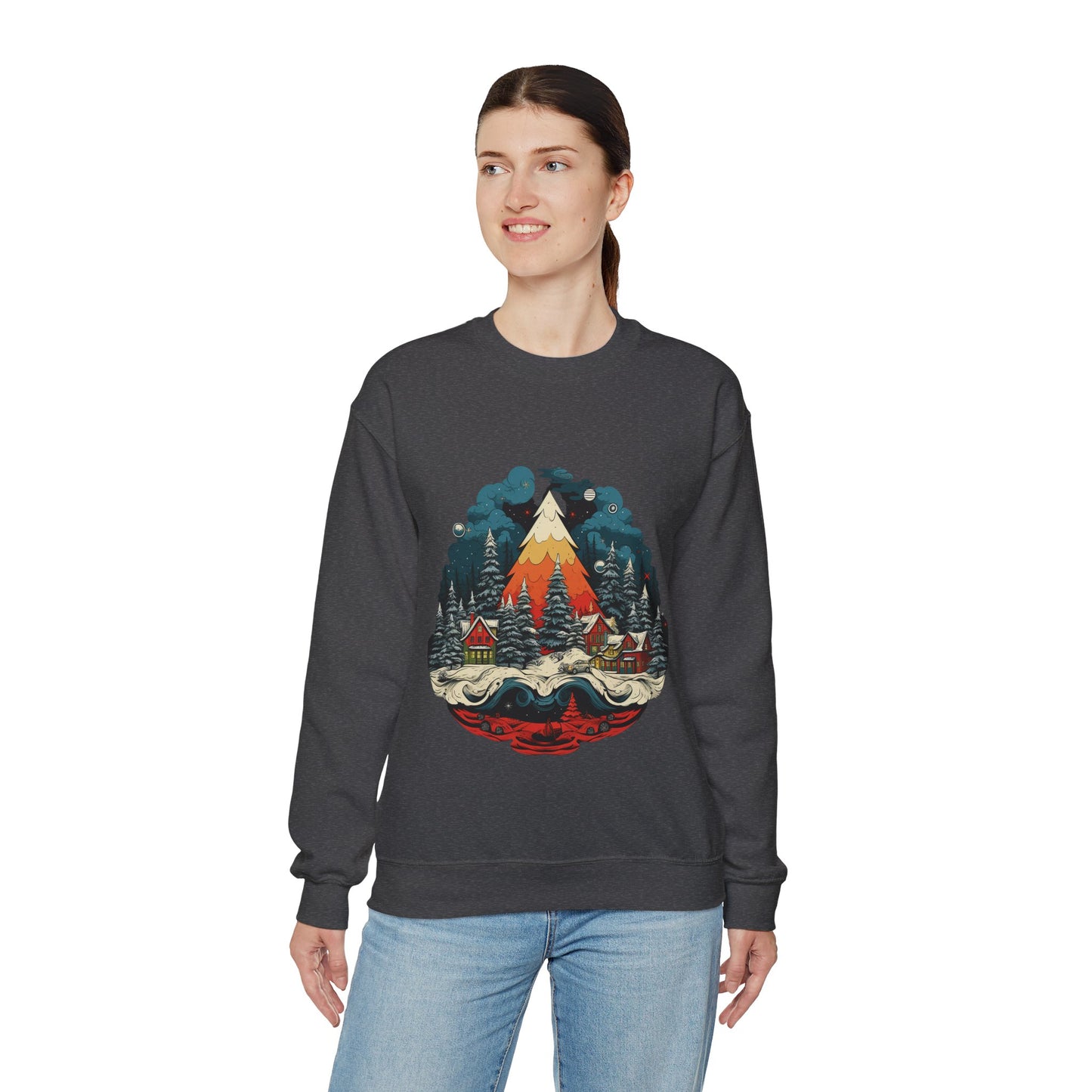 Vintage Christmas Bliss: Colorful Tree & Village Unisex Heavy Blend™ Crewneck Sweatshirt