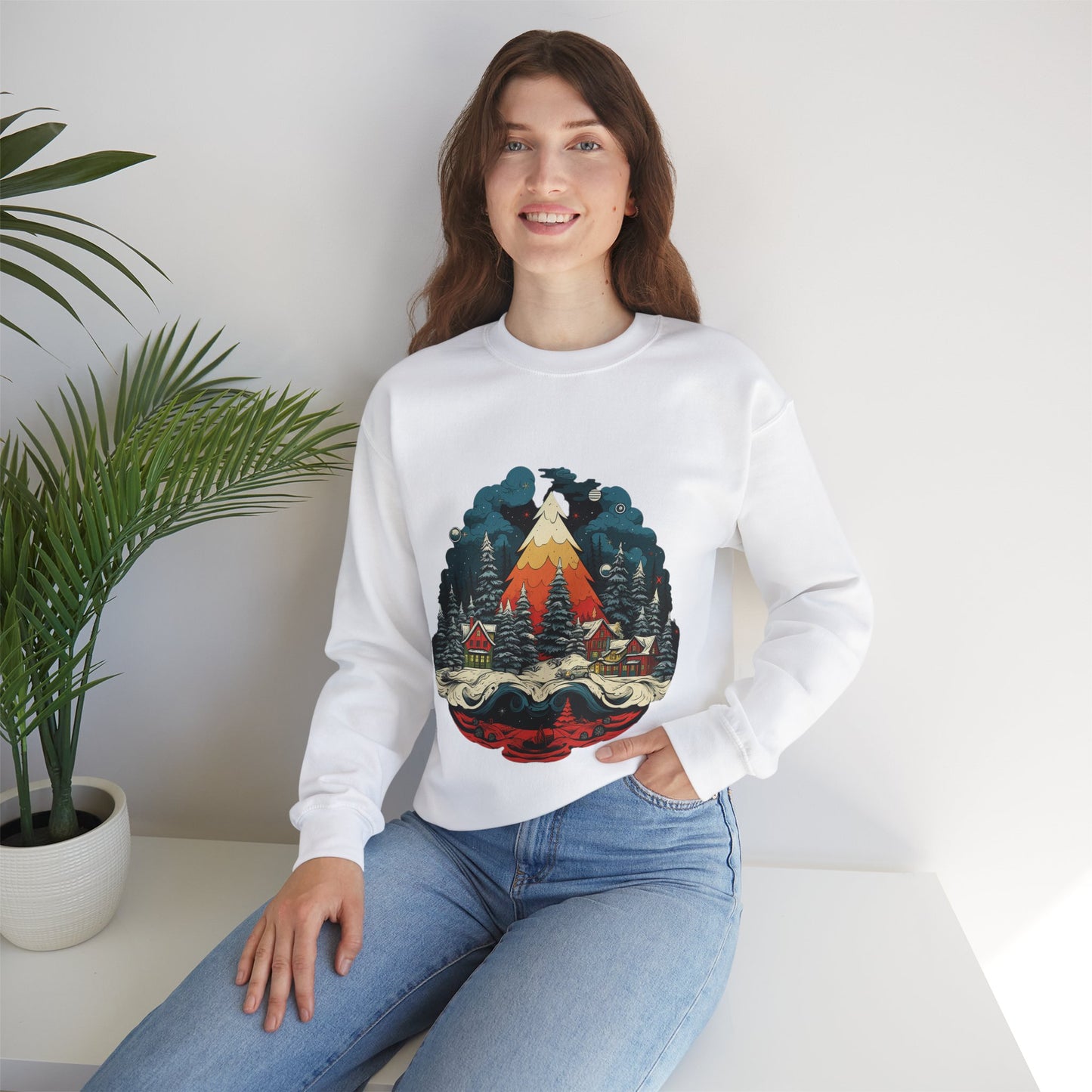 Vintage Christmas Bliss: Colorful Tree & Village Unisex Heavy Blend™ Crewneck Sweatshirt