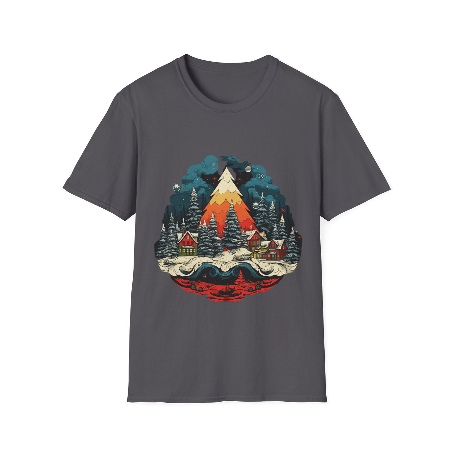 Retro Christmas Bliss: Snowy Village and Tree Unisex Softstyle Tee