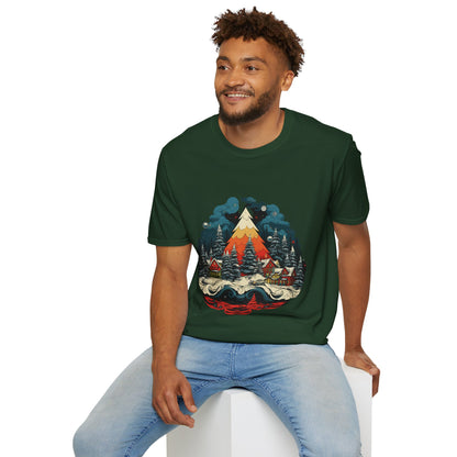 Retro Christmas Bliss: Snowy Village and Tree Unisex Softstyle Tee