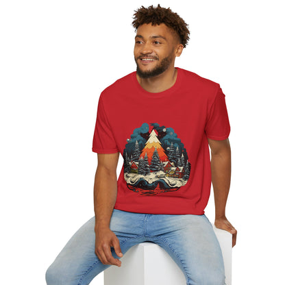 Retro Christmas Bliss: Snowy Village and Tree Unisex Softstyle Tee