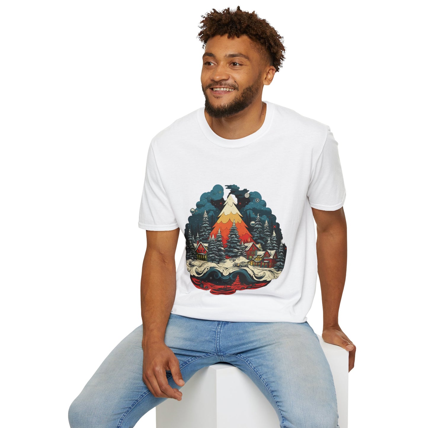 Retro Christmas Bliss: Snowy Village and Tree Unisex Softstyle Tee