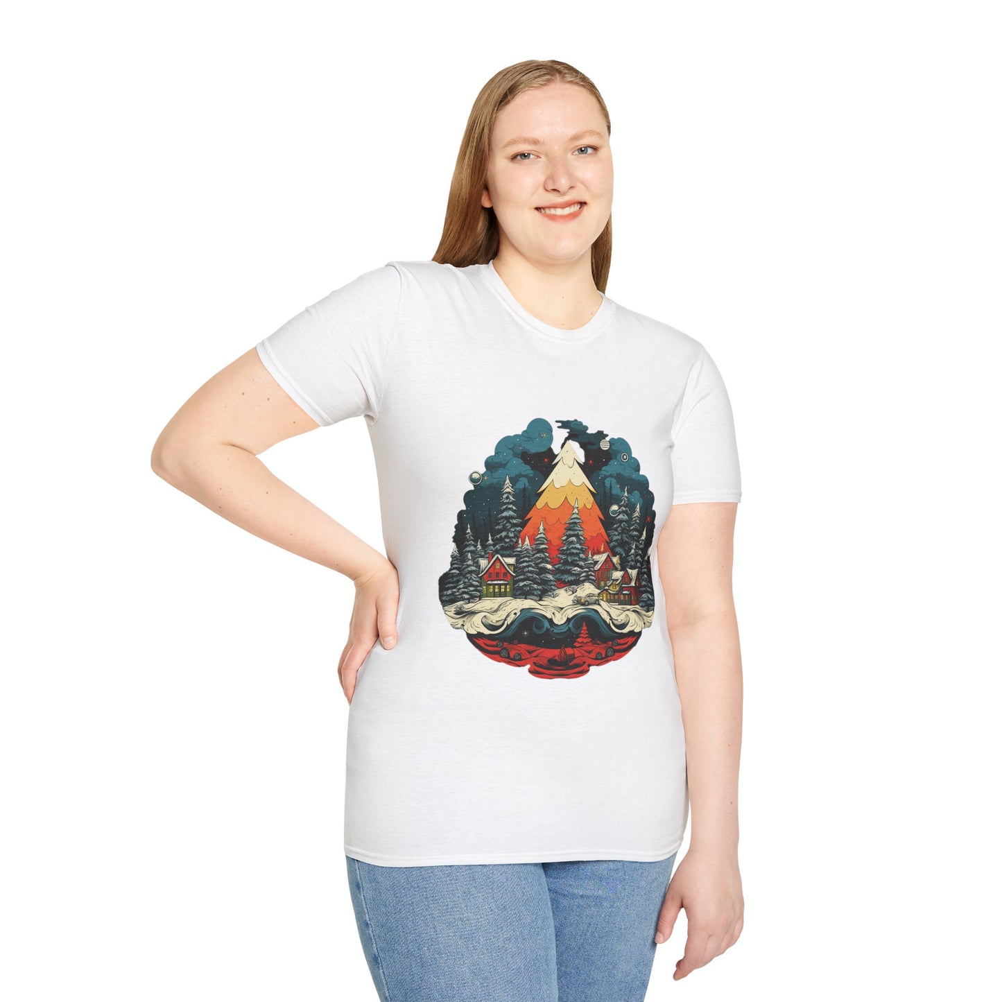 Retro Christmas Bliss: Snowy Village and Tree Unisex Softstyle Tee