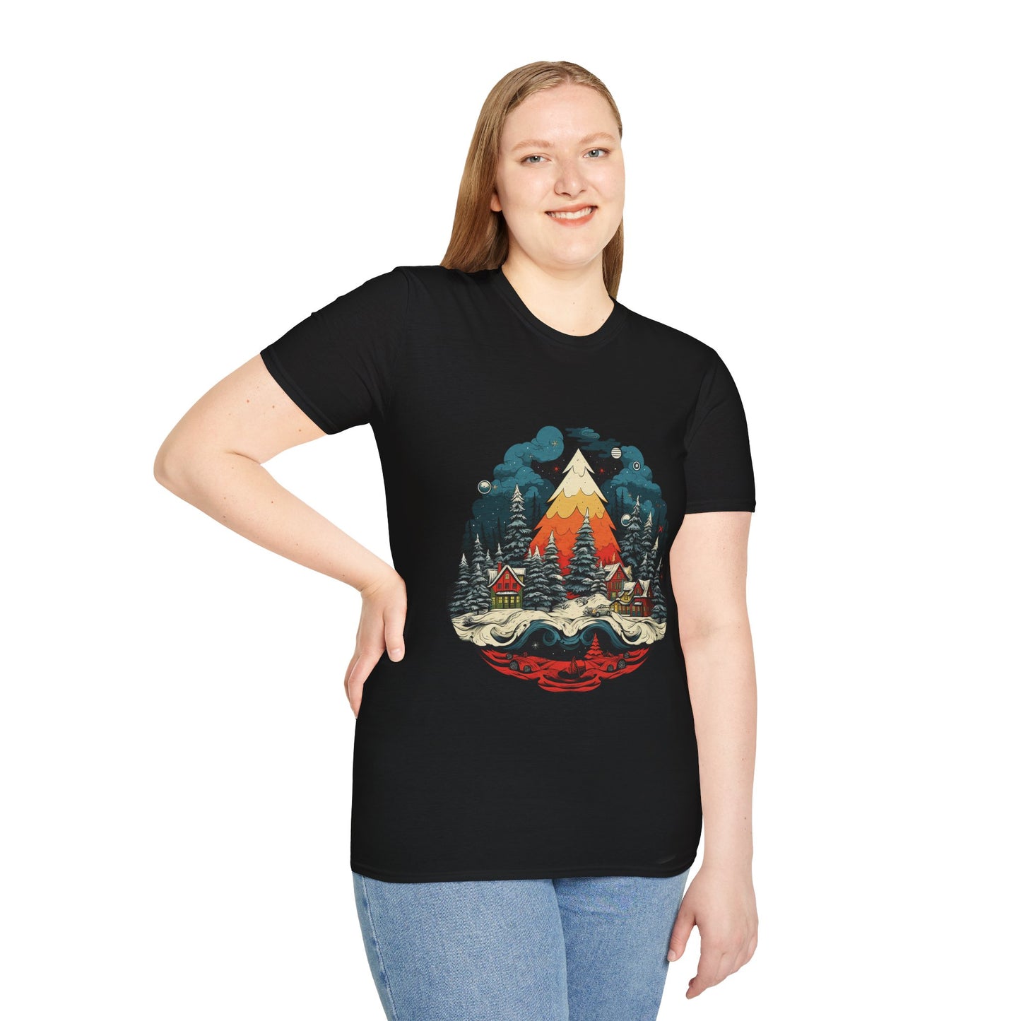 Retro Christmas Bliss: Snowy Village and Tree Unisex Softstyle Tee