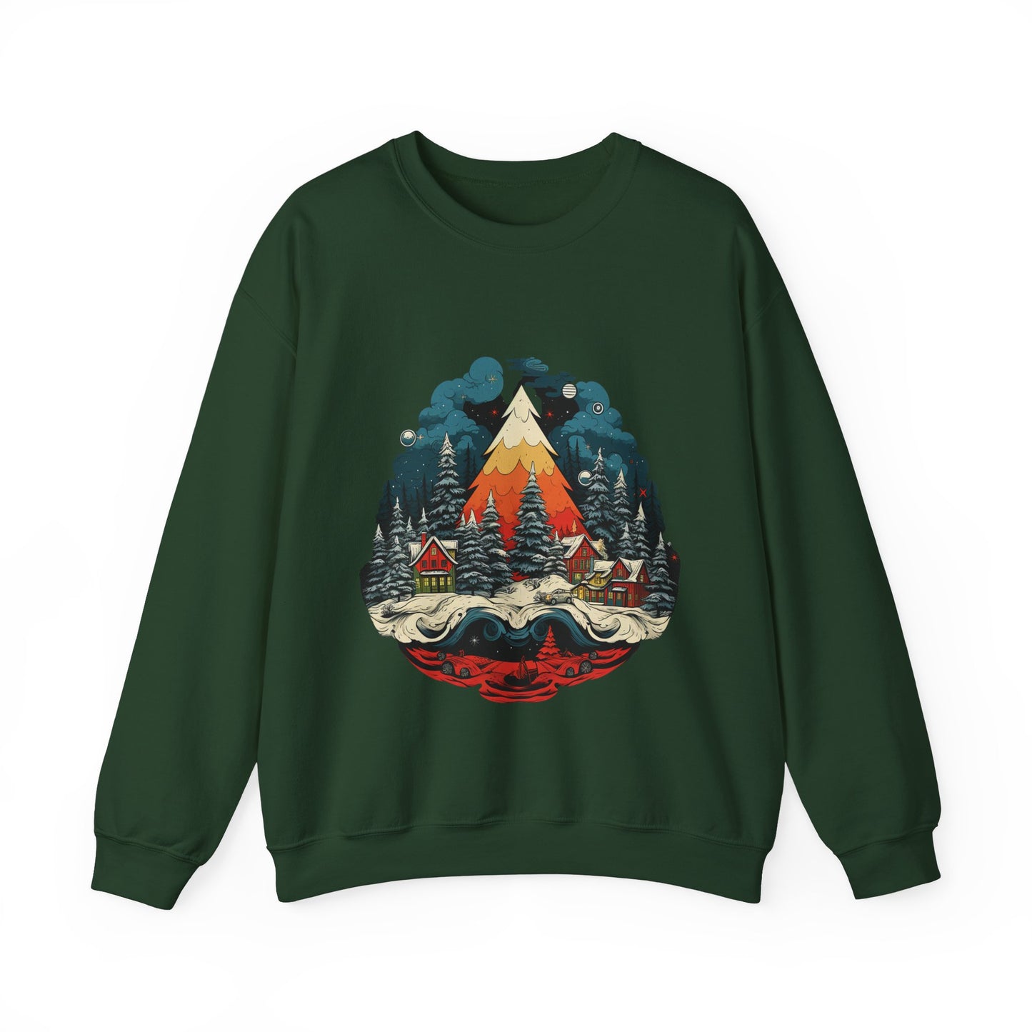 Vintage Christmas Bliss: Colorful Tree & Village Unisex Heavy Blend™ Crewneck Sweatshirt